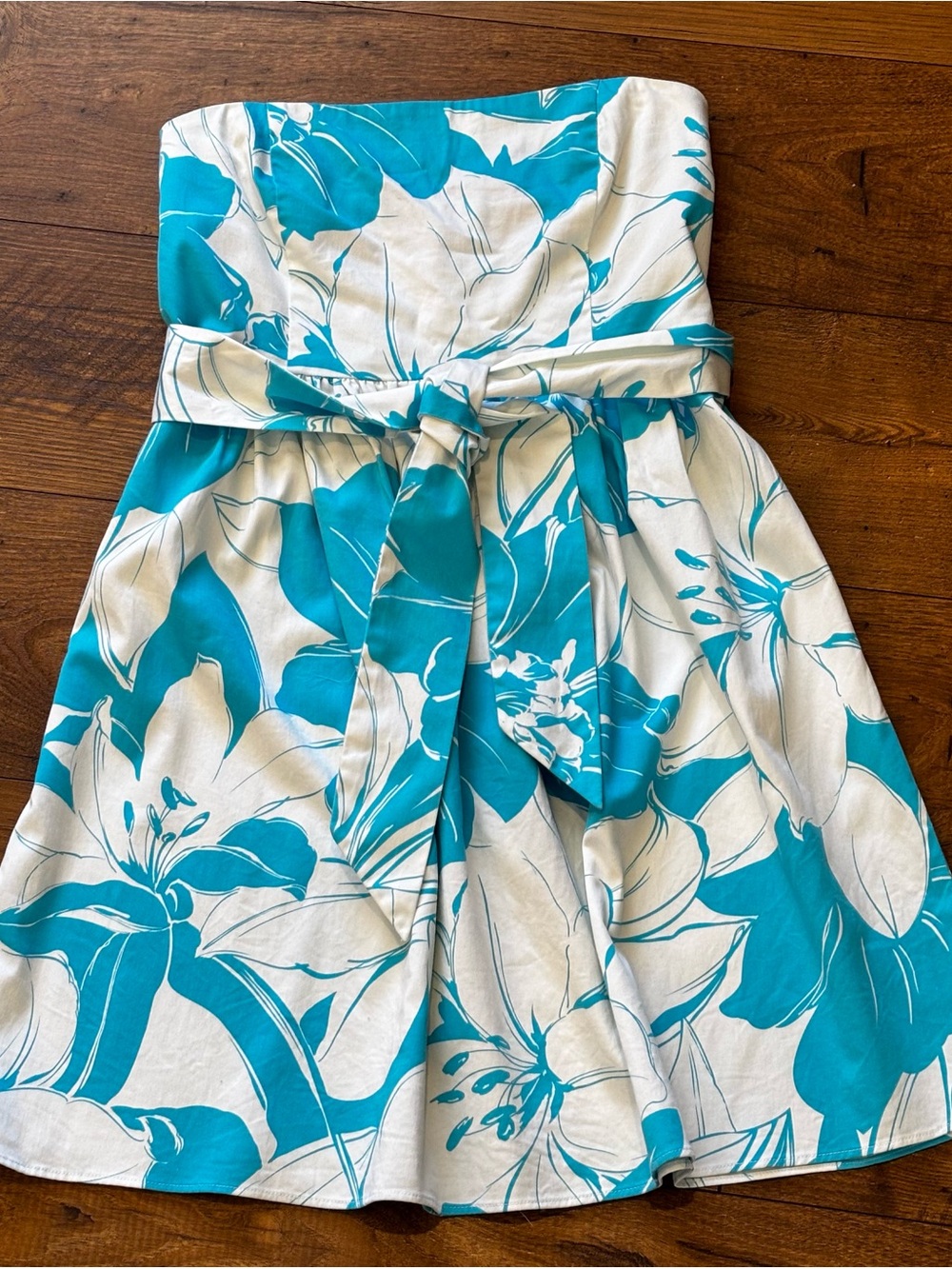 Alyn Paige Women's Strapless Floral Tie-Waist Dress in Turquoise & White SZ 9/10